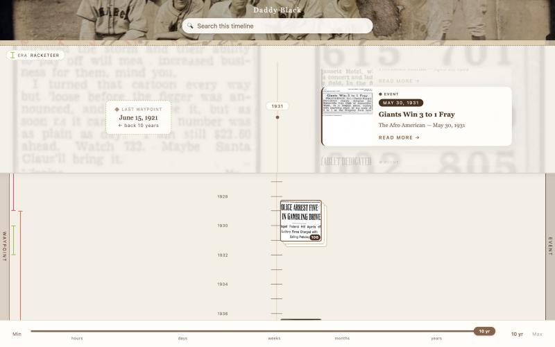 The Daddy Black timeline in Storyline CMS, showing the record Giants Win 3 to 1 Fray at 1931